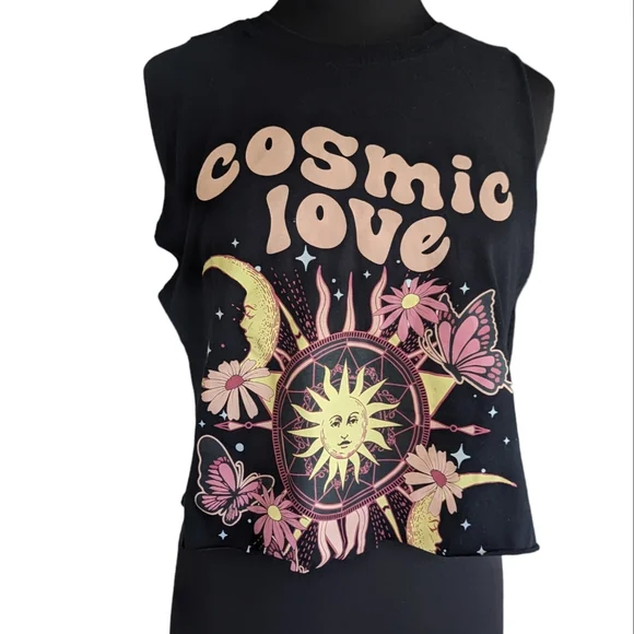 Cosmic Love M Graphic Boxy Crop Custom Cut Cropped Tank Top Hippie Celestial - Picture 1 of 10